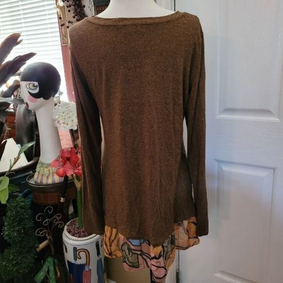 LOGO Lori Goldstein Fall Top Brown Floral Print Chiffon Trim Small - Picture 6 of 8